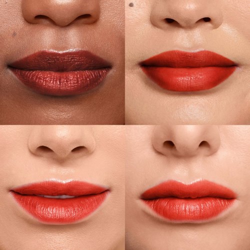 Four images show lips with different lipstick shades and textures, mainly red and orange, on various skin tones.