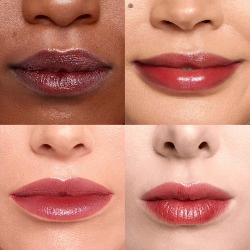 Collages of lips before and after applying different shades of lipstick and lip gloss.