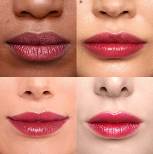 Four close-up images of lips showing different shades of lipstick and lip gloss.