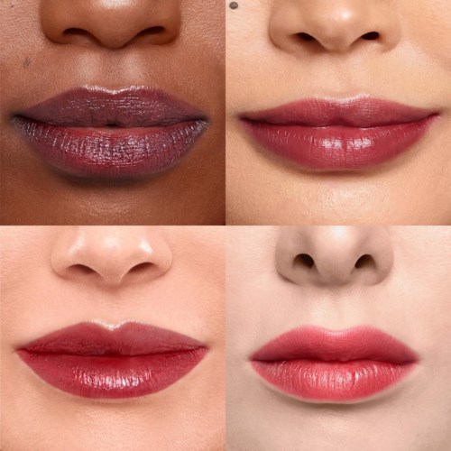 Vier close-up foto's van lippen met verschillende lipsticks en texturen.