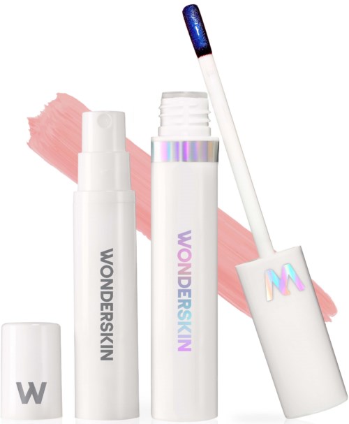 Lip gloss product with applicator and pink background stroke.