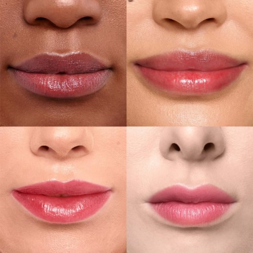 Four different sets of lips, showcasing various lip shapes and shades, close-up photos with changes in lip makeup and shape.