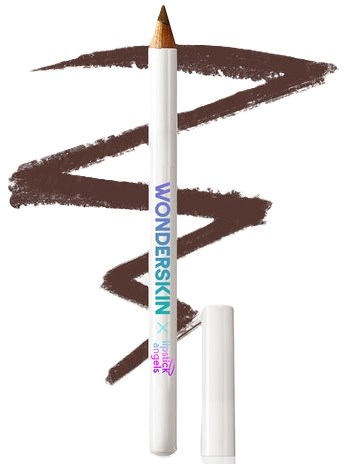 Brauner Eyeliner mit weißem Körper und lila-pinkem Markenschild, vertikal mit Kappe daneben.