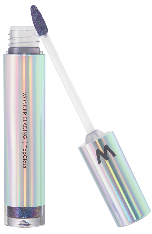 A holographic lip gloss tube with wand applicator, labeled "Wonder Badding" and "Top Gloss".