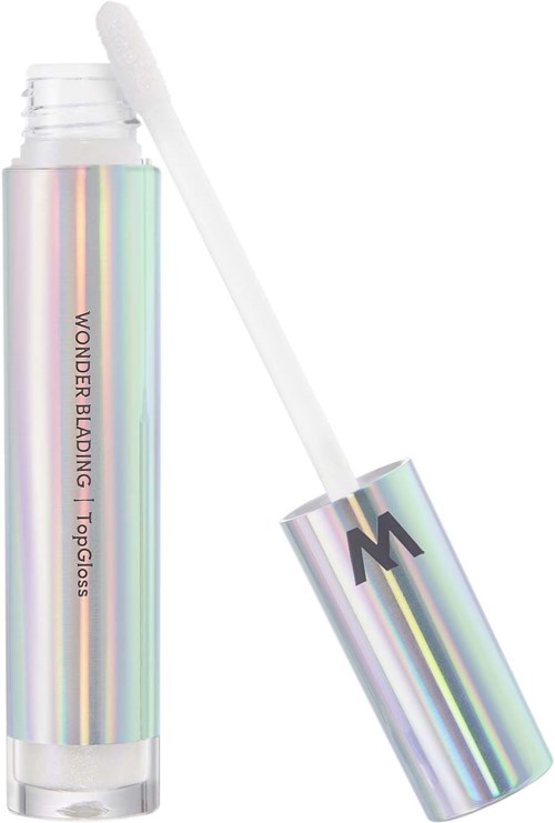 A tube of lip gloss with a shiny, rainbow-colored cap and a wand applicator.