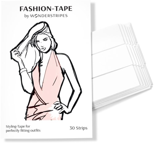 Illustration einer Frau mit langen Haaren in schicker Kleidung neben weißen Modebanden.