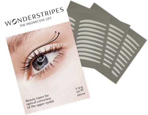 Een doos Wonderstripes oogliftstrips met vier grijze strips, met een close-up van een oog en productinformatie.