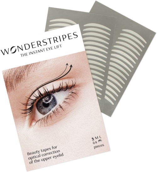 Een doos bevat Wonder Stripes ooglifttape met een oogafbeelding en instructies, samen met enkele grijze gelsheets.