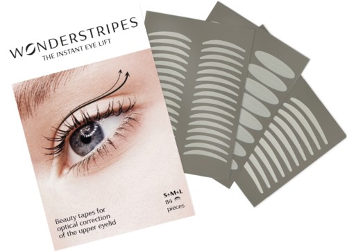 Schoonheidtape voor oogcorrectie, met oogafbeelding en meerdere tape-strips.