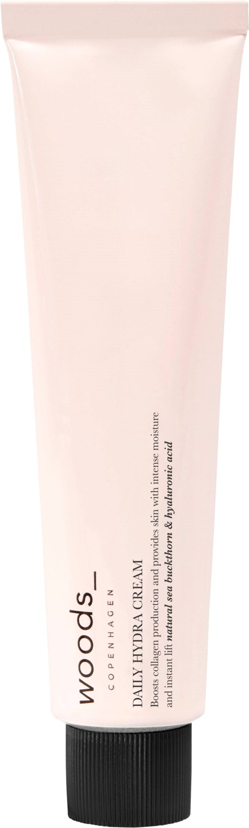 Ein langer, weißer Tube mit Woods Daily Hydralic Cream und schwarzem Deckel.