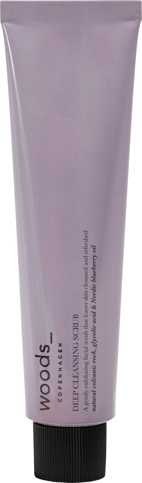 Eine hell lila Tube mit der Aufschrift 'woods', wahrscheinlich ein Hautpflege- oder Kosmetikprodukt, mit schwarzem Deckel.