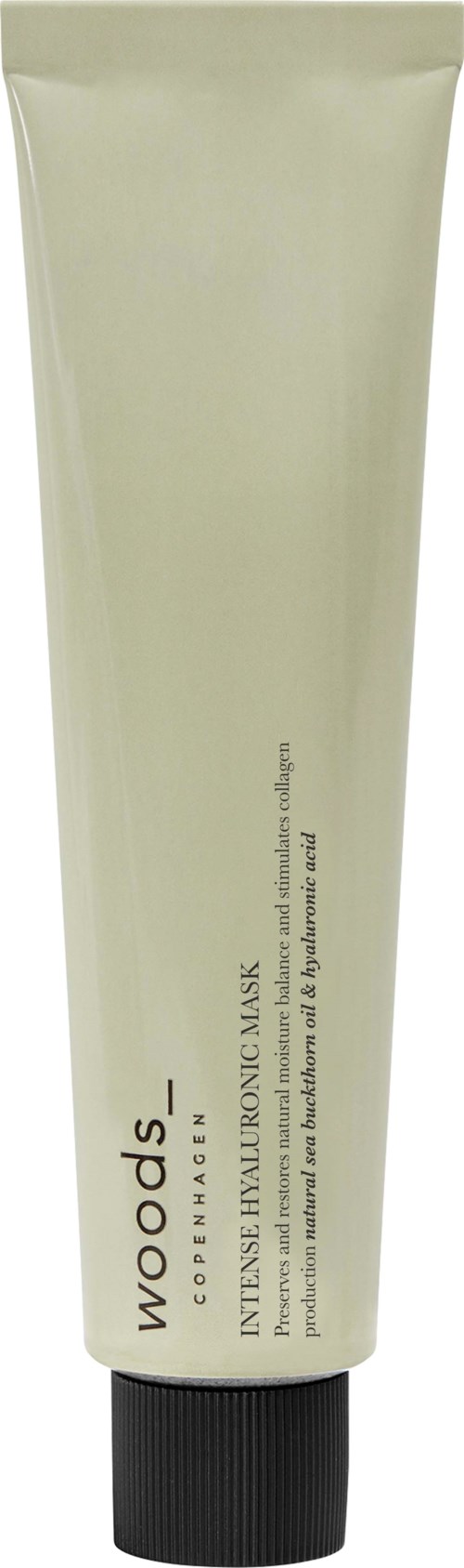 Weiße Tube mit schwarzem Deckel, beschriftet 'woods' und 'intense hydrating mask', vermutlich ein Hautpflegeprodukt.