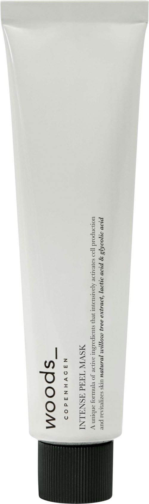 Weiße Tube mit schwarzem Deckel, schlichtes Design. Text enthält 'woods' und 'intense peel', Hinweise auf Hautpflegeprodukt.