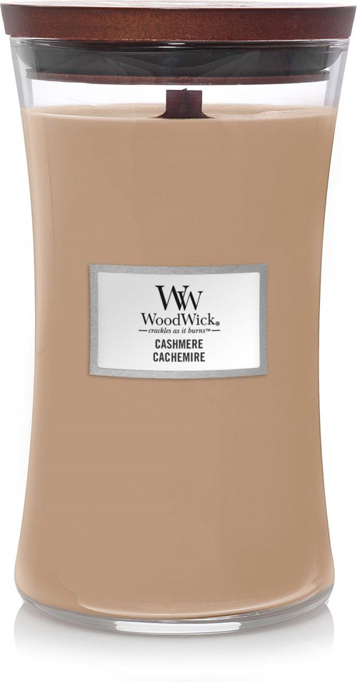 Beige vaahtokynttilämalja mustalla kannella, merkinnällä 'Cashmere Cachemire' WoodWickistä.