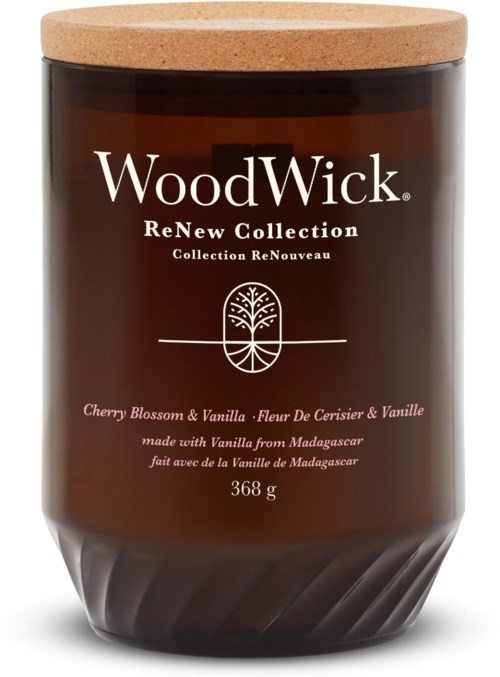 En brun duftlysbeholder med tresliring, merket WoodWick ReNew Collection, vanilje og kirsebærblomst, 368g.