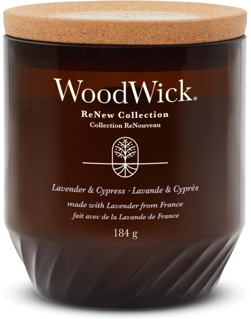 Een donker glazen pot met houten deksel, labelt WoodWick lavendelkaars uit Frankrijk, weegt 184 gram.