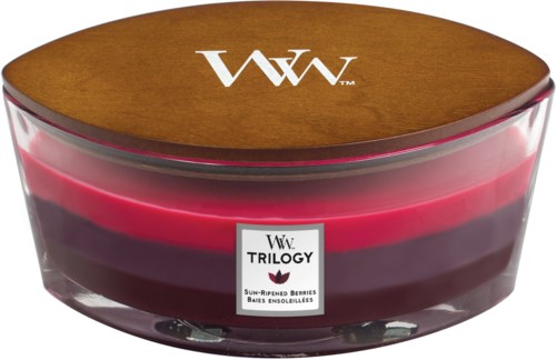 Een kaarsenhouder van was met houten deksel, lagen van rood en paars was, en een label met "W.W. TRILOGY".