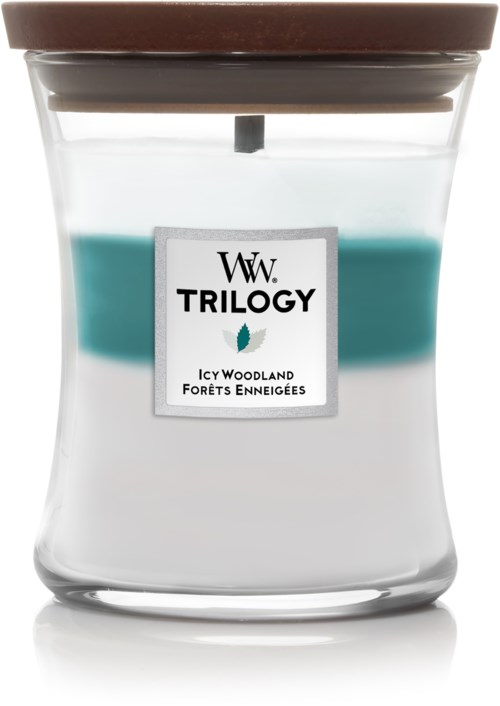 Et lite lys i et glasskrus med en etikett som sier "WW Trilogy" og "Icy Woodland."