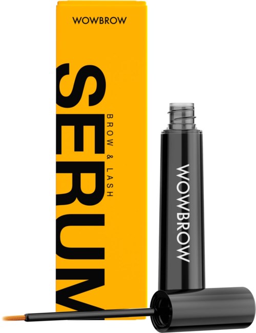 A black tube of mascara with a wand next to a yellow box marked 'SERUM' and 'WOWBROW'.