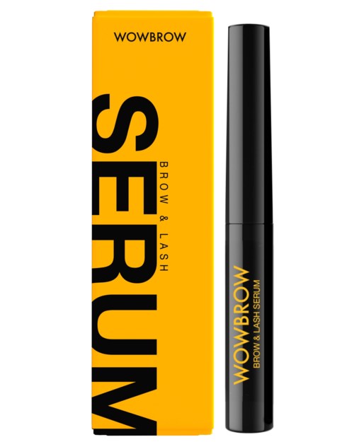 A black tube with yellow text stands next to a yellow box. The product is called WOWBROW, a brow and lash serum.