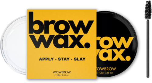 A yellow card with bold black text 'brow wax' and instructions. Includes a clear container, black box, and mascara wand.