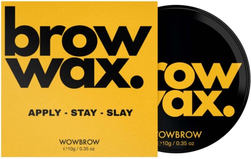 A bright yellow box and a black container promote brow wax with slogans: Apply, Stay, Slay.