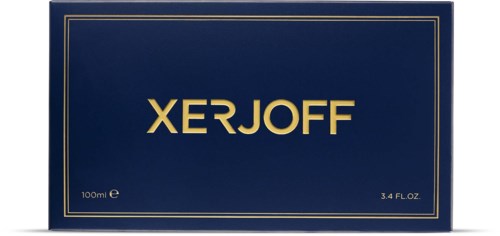 A navy blue box with gold text and a gold border, labeled 'XERJOFF,' containing perfume.