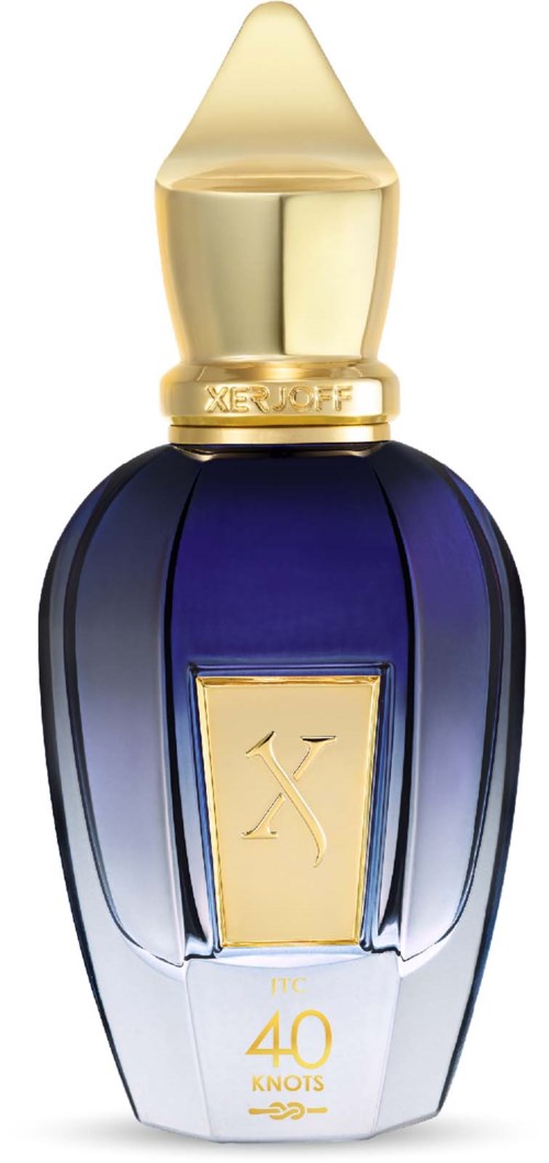 Een donkerblauwe parfumfles met een gouden dop en details, gemarkeerd met nummer 40 en elegant ontwerp.