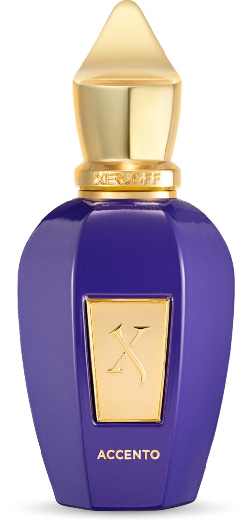 A purple perfume bottle with a gold cap and a gold label with an X symbol. The word 'ACCENTO' is written on it.