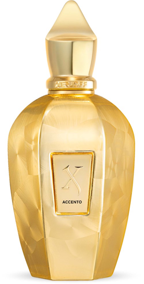 Een goudkleurige parfumbottle met geometrische vorm en puntige dop, gelabeld 'Accentto'.