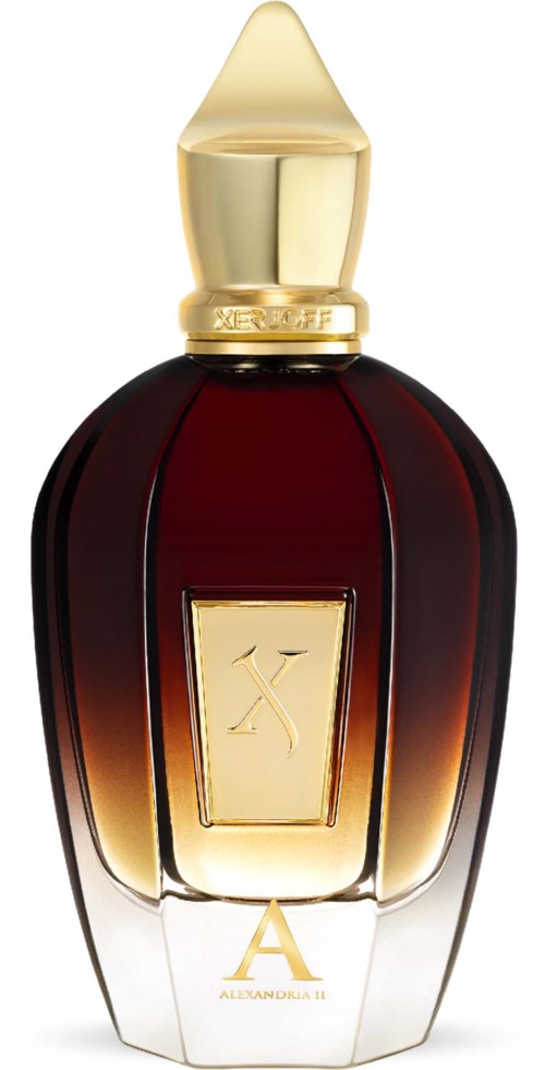 Een luxe parfumfles met een donkerrode en gouden ontwerp, ronde vorm en puntige dop.