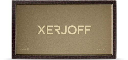Goudkleurige doos met het woord 'XERJOFF' in grote letters aan de voorkant.
