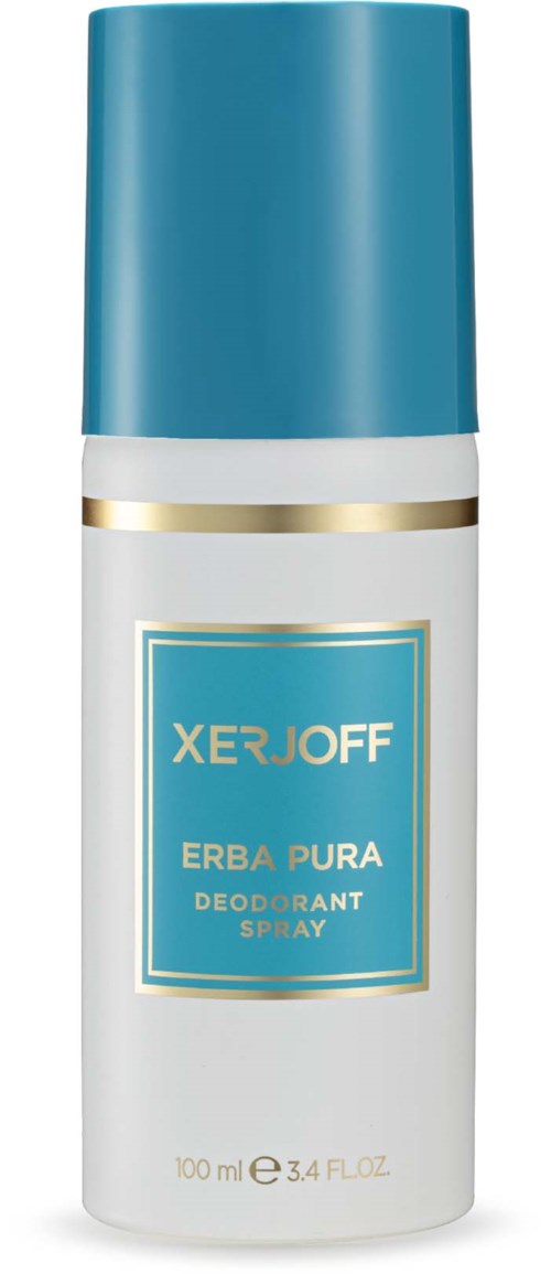 Biała butelka z sprayem i niebieską nakrętką, oznaczona Xerjoff Erba Pura dezodorant w sprayu, 100 ml.