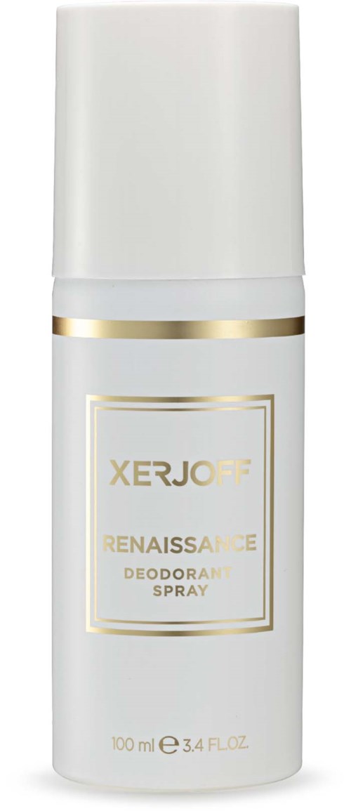 Biała puszka spray z złotymi akcentami, oznaczona 'Xerjoff Renaissance Deodorant Spray.'