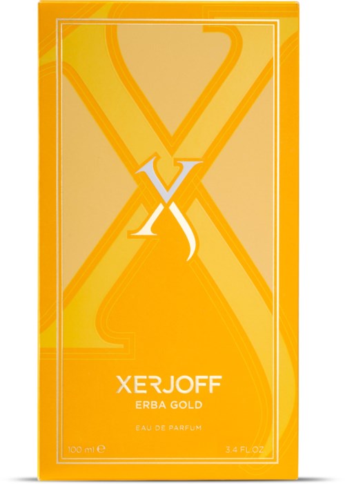 Żółte opakowanie perfum z białym napisem "XERJOFF ERBA GOLD" i "EAU DE PARFUM."