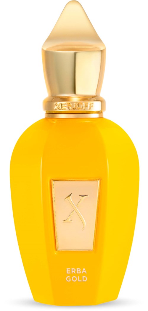 Gele parfumfles met een goudkleurige dop en label, gemarkeerd 'ERBA GOLD' en een logo aan de voorkant.