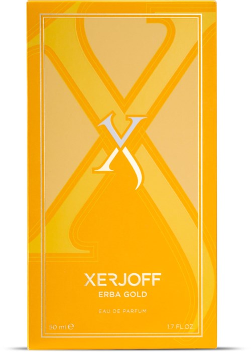 Dit is een parfumdoos in geel en oranje met de tekst 'XERJOFF ERBA GOLD' en productgegevens.