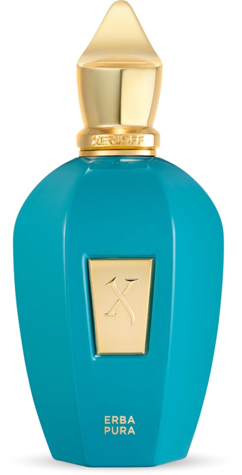 Een blauwe parfumfles met een gouden dop en label, genaamd Erba Pura.