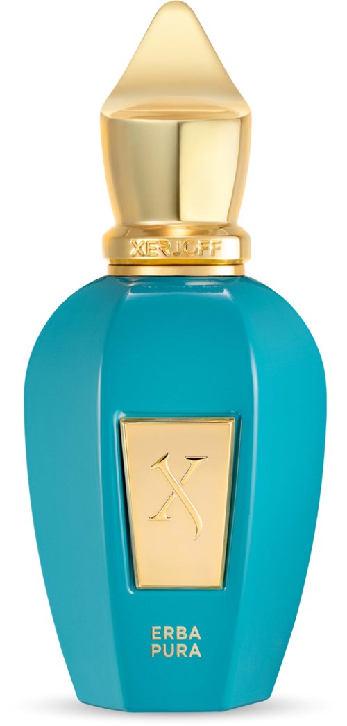 Een blauwe parfumfles met een gouden dop en een gouden label in het midden. De naam is Erba Pura.