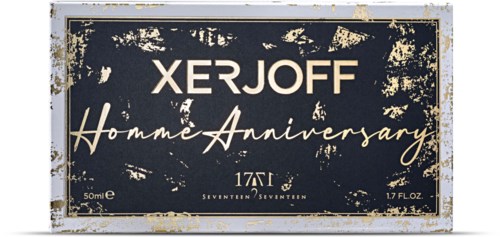 Logo z napisem "XERJOFF Home Anniversary" na ciemnym, zużytym tle.