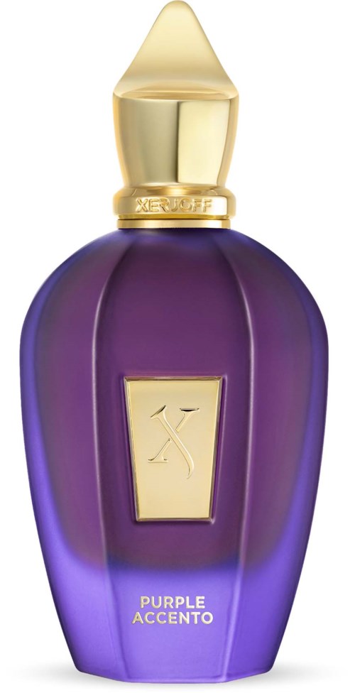Een paarse parfumfles met een gouden dop en details, gemarkeerd met 'Purple Accento' in wit.