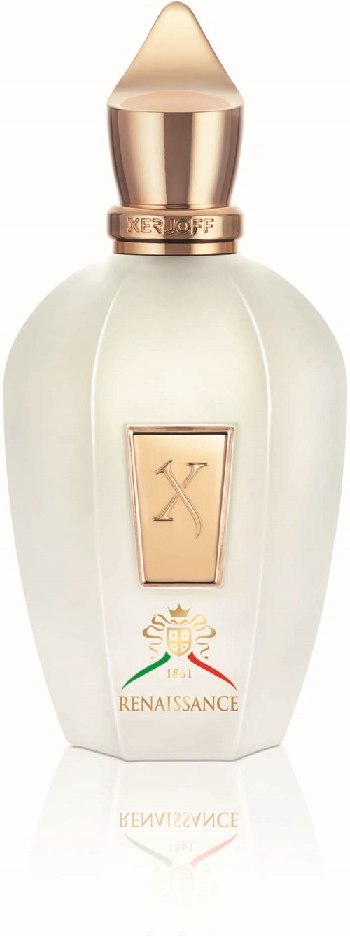 A white perfume bottle with a gold cap and a label reading 'RENAISSANCE'.