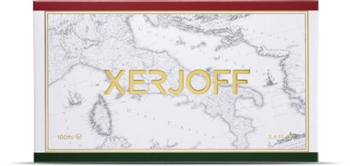 A package with a map background and the name XERJOFF in gold letters. Contains 100ml or 3.4 fl oz.