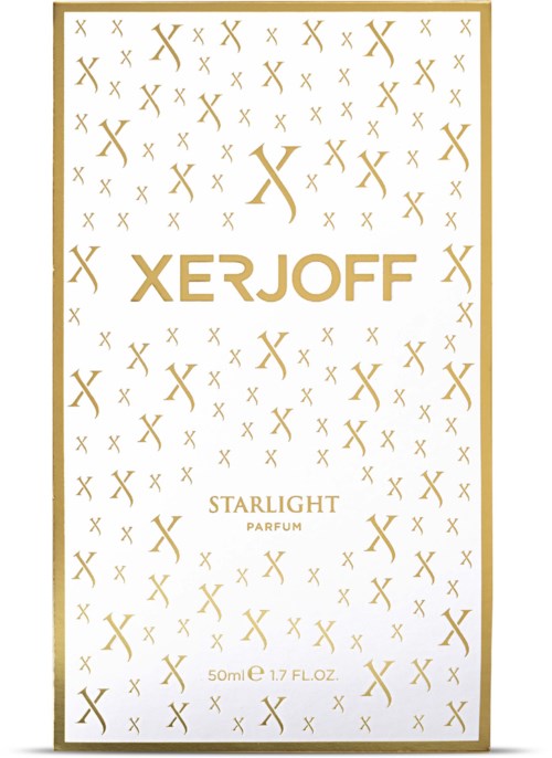 Pudełko perfum z marką 'XERJOFF', wzór z X-ami i nazwą 'STARLIGHT PARFUM' w złocie.