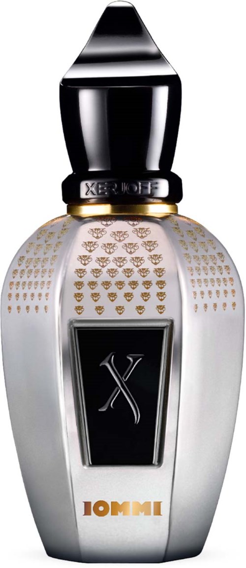 This is a silver bottle with black and gold details, shaped like a fancy perfume container, labeled "X" and "IOMME."