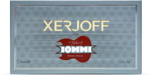 A silver box with gold and red text, mentioning XERJOFF and Tony IOMMI, for a special edition perfume or product.