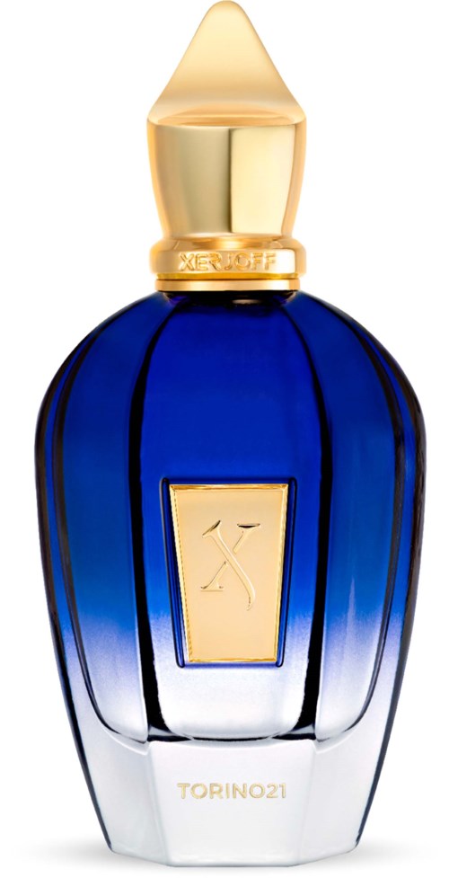 A blue perfume bottle with a gold cap and label, standing tall with a rounded shape.