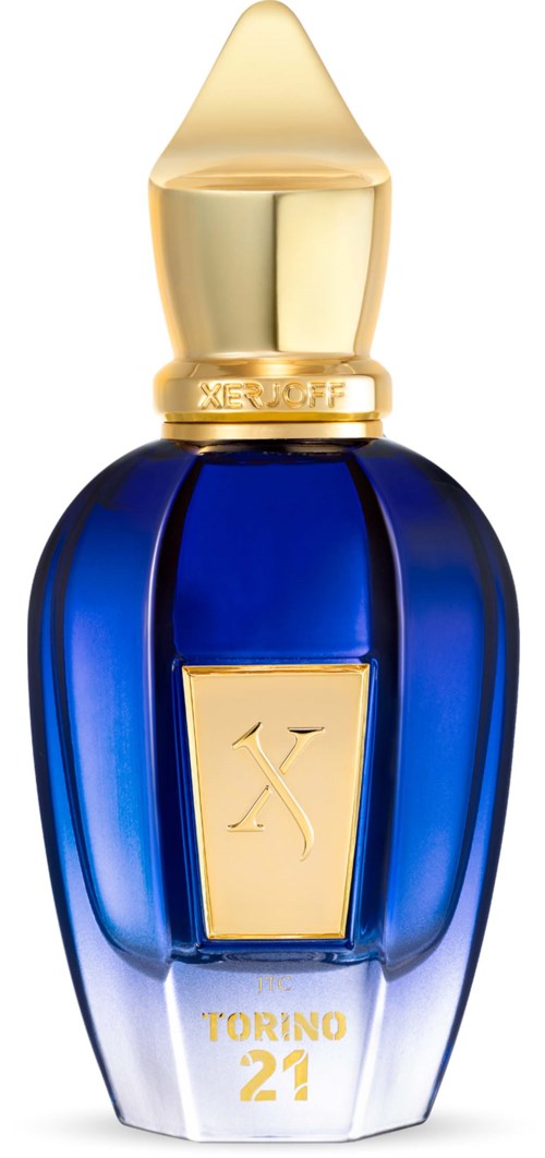 Een blauwe parfumfles met gouden accenten, gevormd als een elegante edelsteen, met label 'Torino 21'.