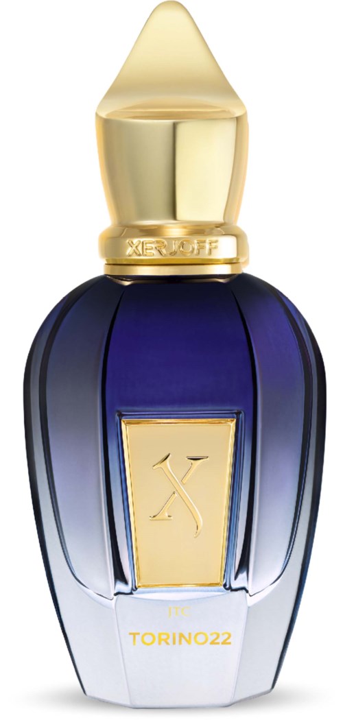Een donkerblauwe parfumfles met een gouden dop en gouden accenten, gelabeld 'TORINO22'.