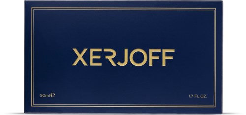 Een blauwe doos met 'XERJOFF' in goudkleurige letters, bevat 50 ml of 1,7 fl oz.